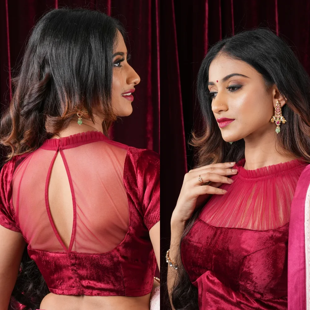 Red Velvet Blouse Design with Net Illusion Neckline