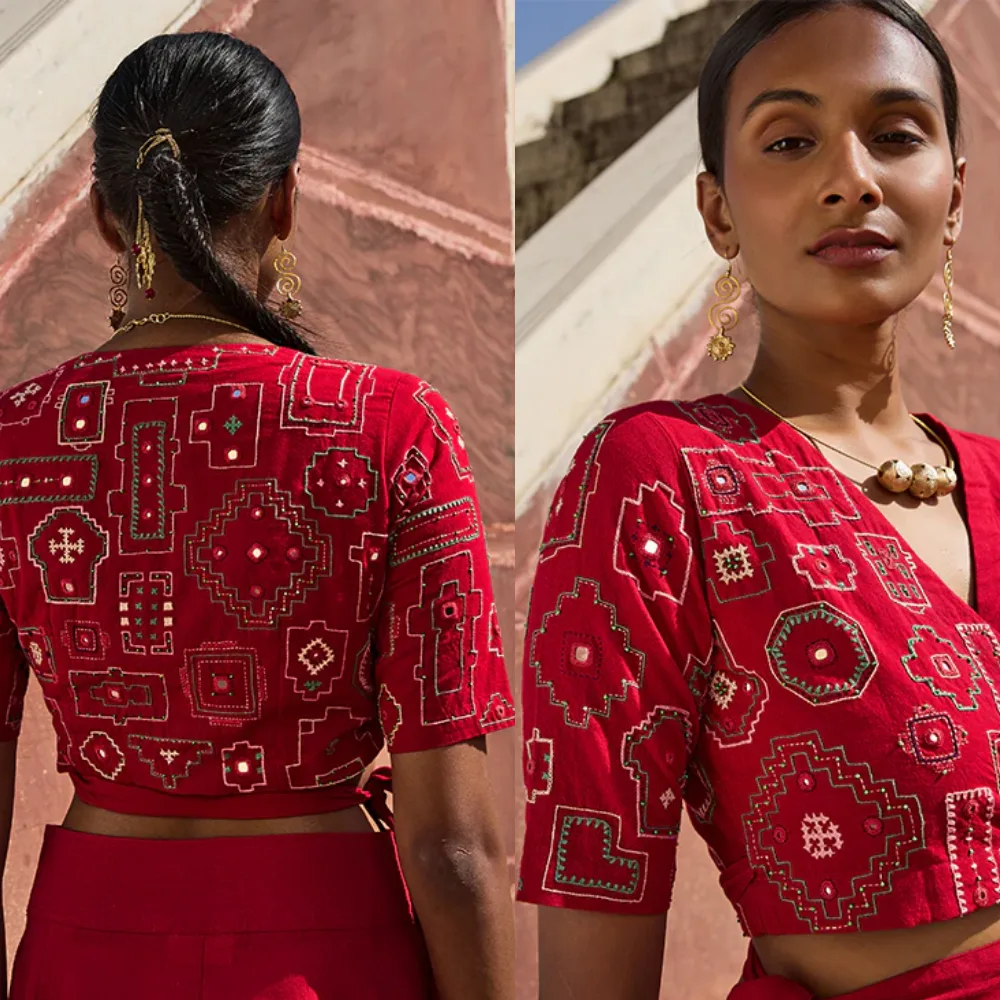 New Red Cotton Blouse Design with Mirror Work and Hand Embroidery