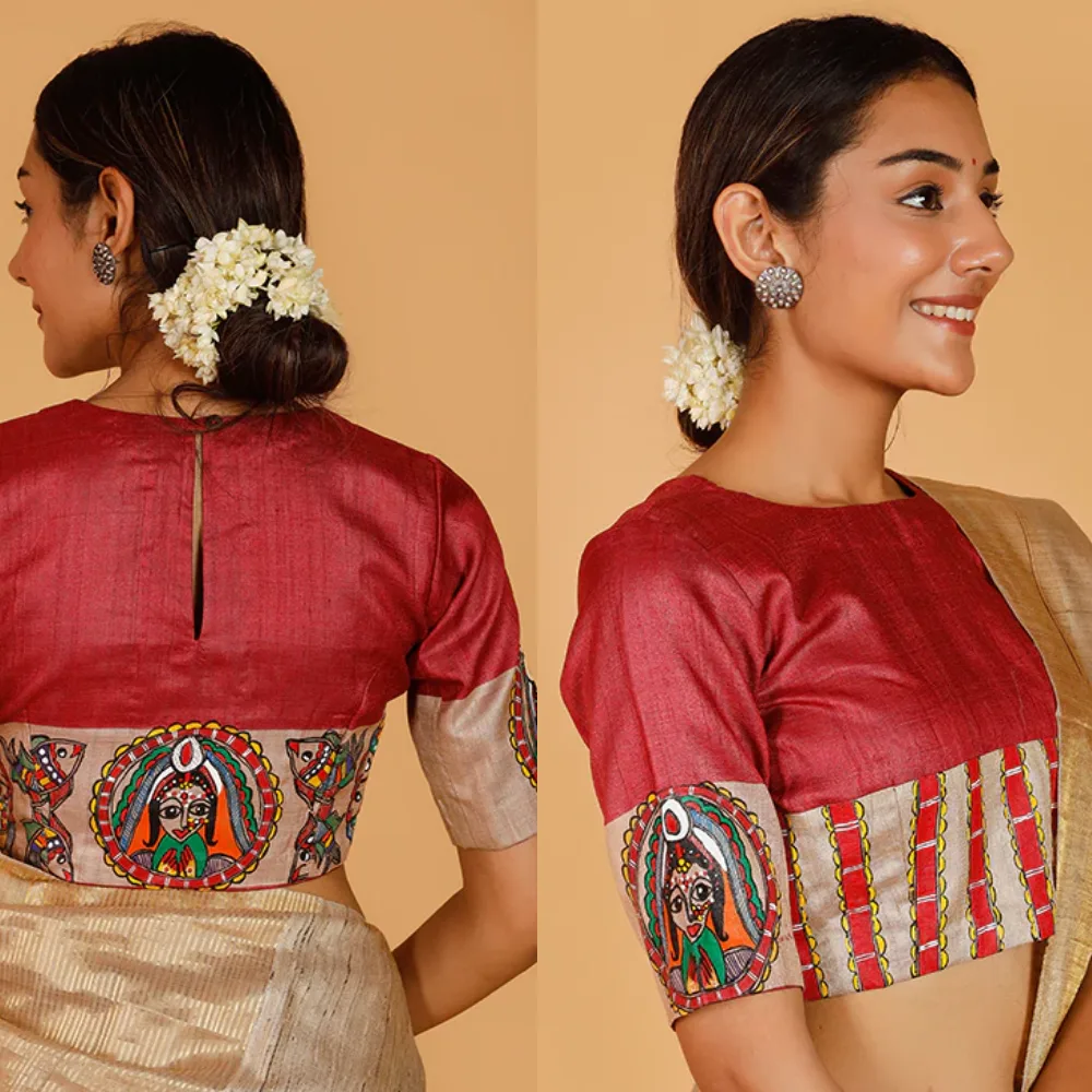 Red Silk Blouse Design with Hand-Painted Madhubani Art