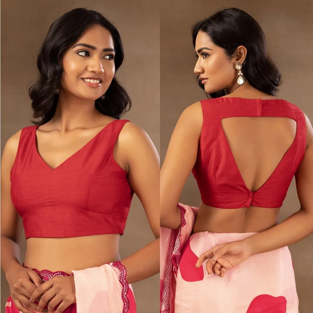 New Red Silk Blouse Design with Deep Plunge Neckline