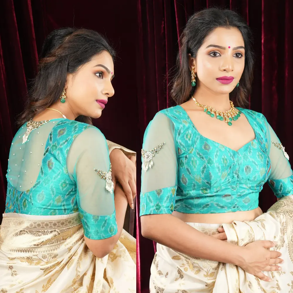 Stylish Cyan Ikkat Raw Silk Blouse with Designer Rhinestone