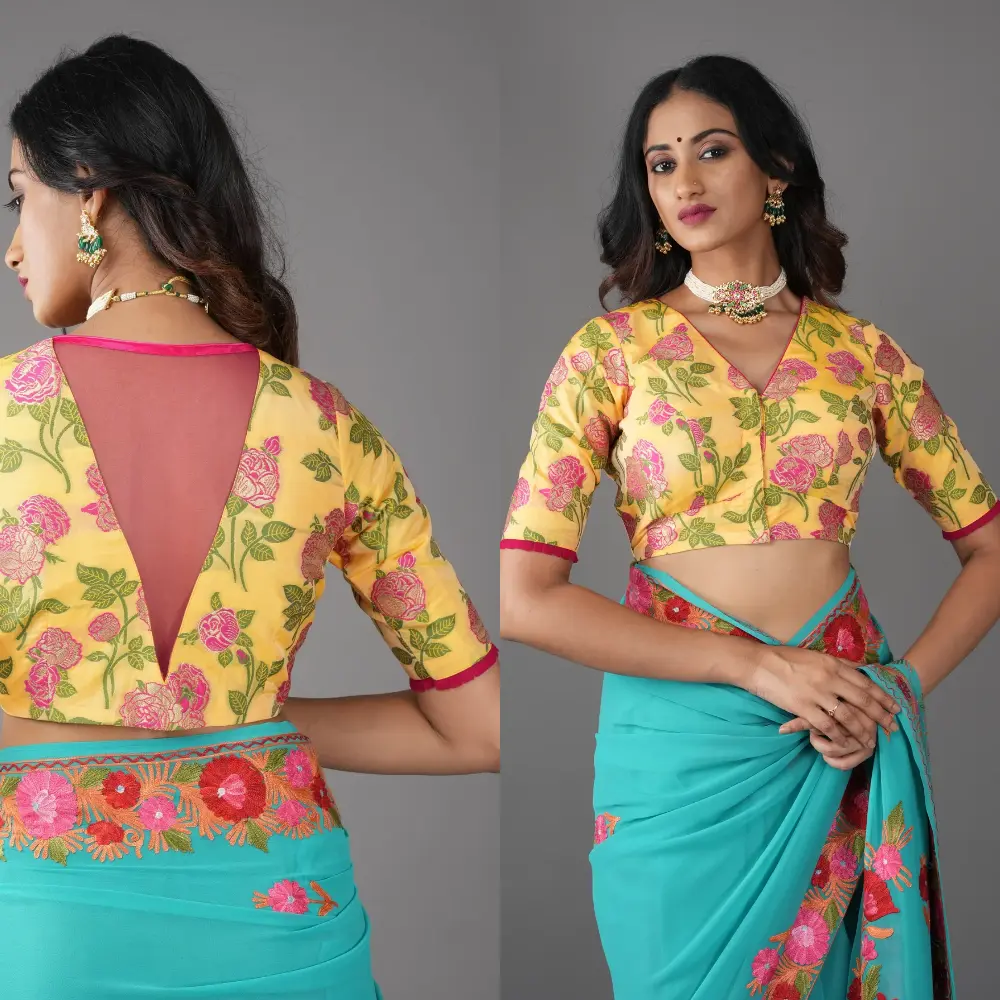 Designer Banarasi Meenakari Blouse with V-neck and Floral Work