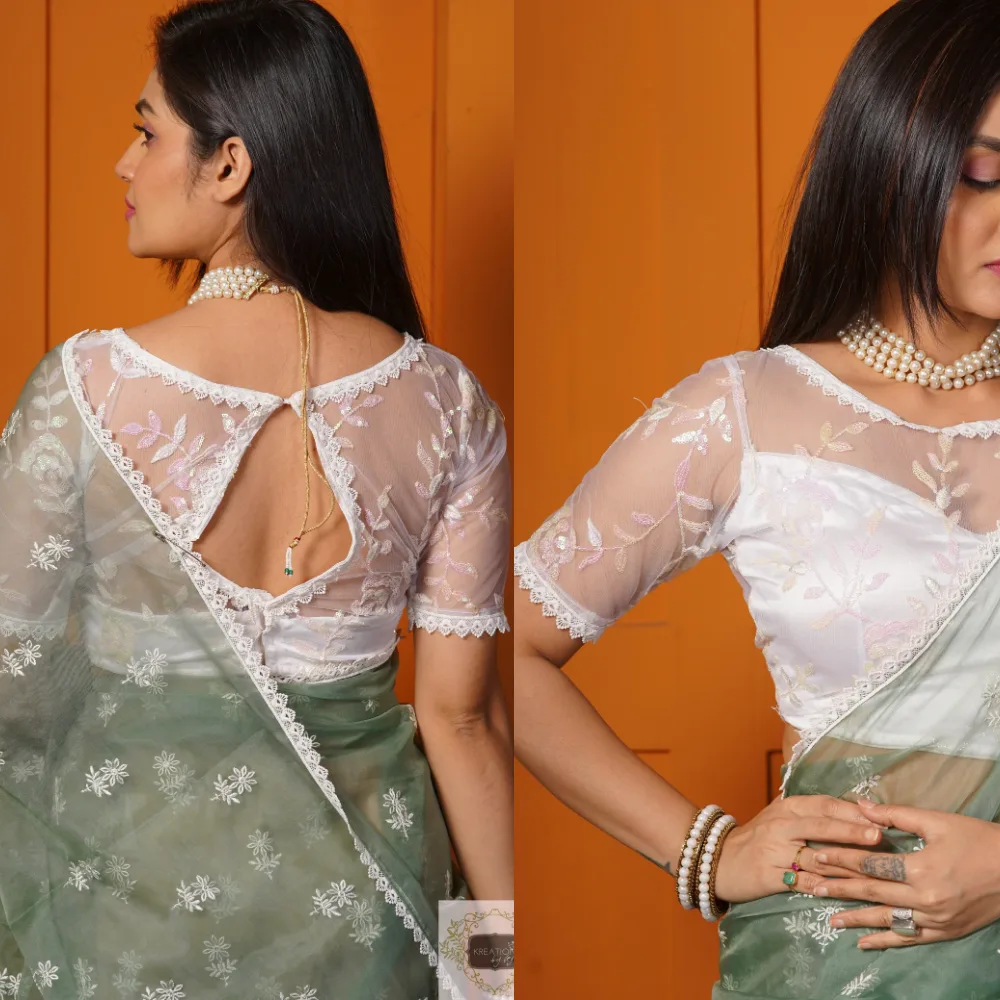 Elegant White Net Blouse with Floral Design