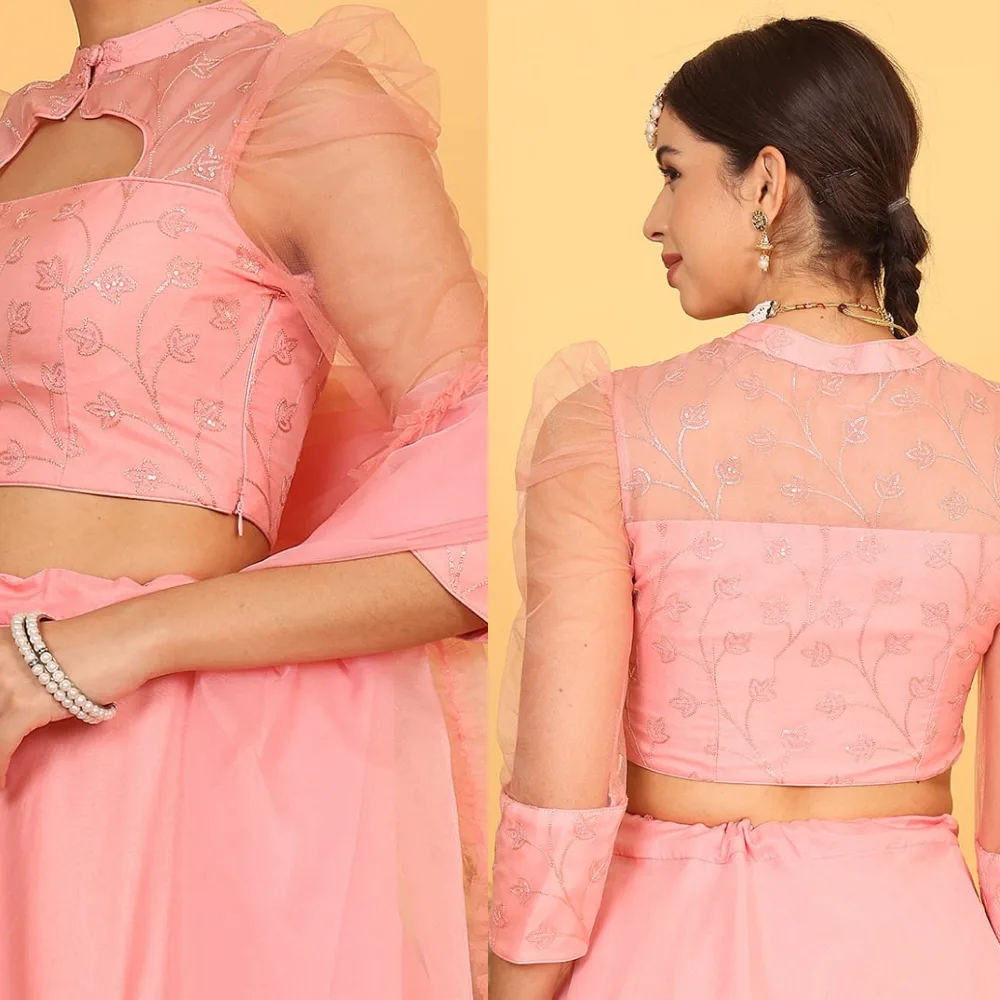 Pink Embroidered Organza & Net Mandarin Collar Blouse