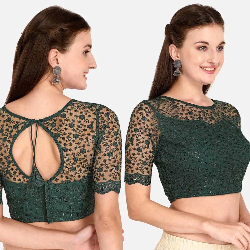 Embroidered & Sequences Work Green Net Blouse With Boat Neck