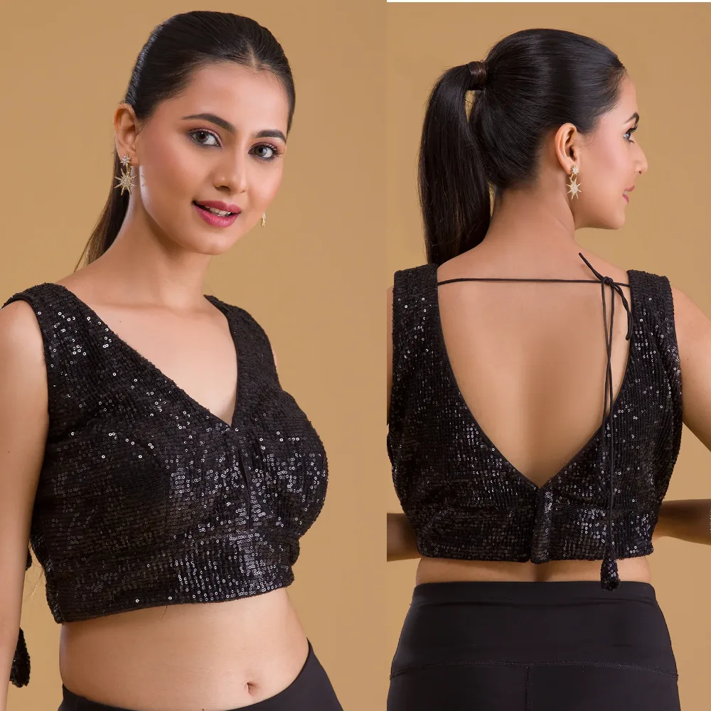 Trendy Black Sequin Net Blouse with V-neck