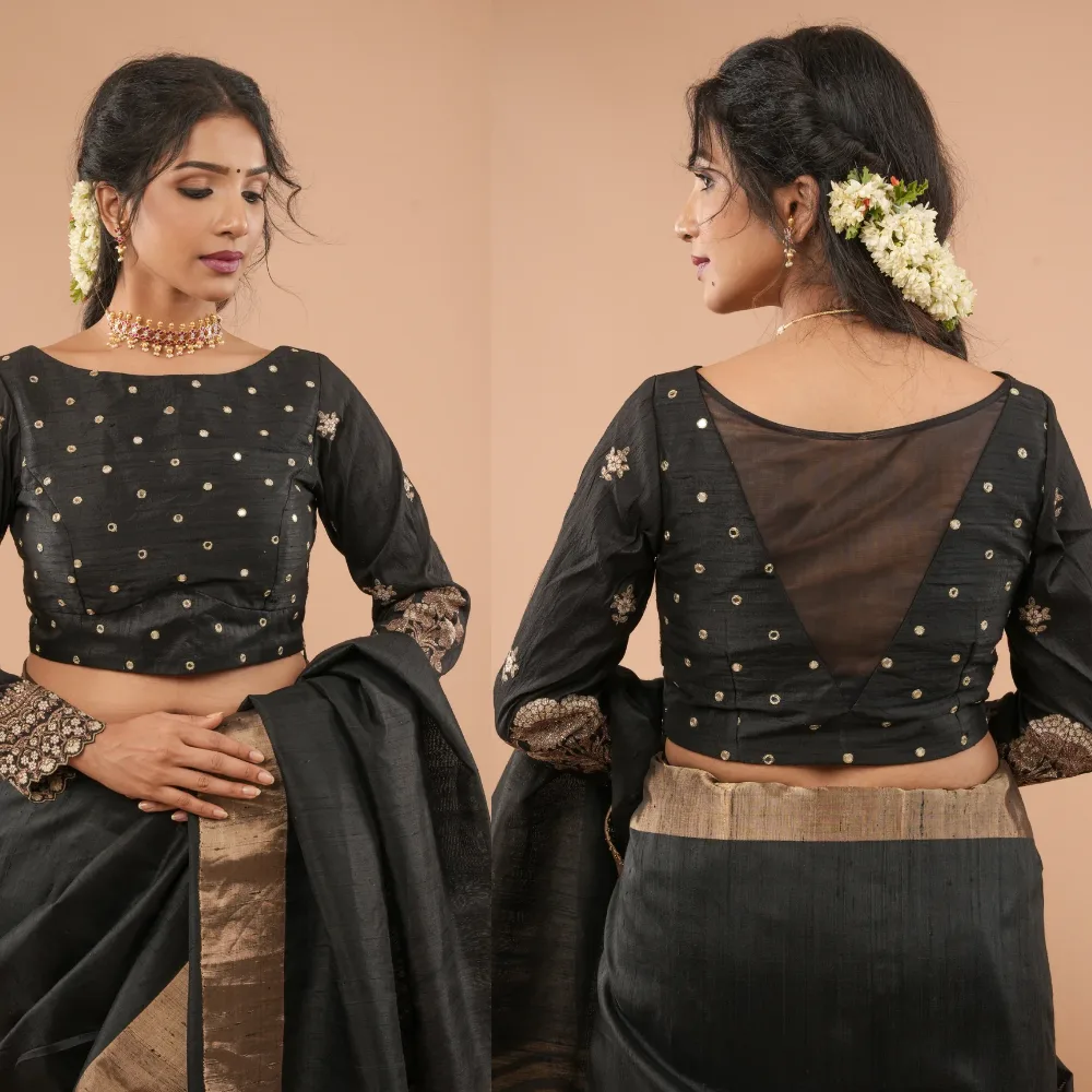 Designer Black Raw Silk Boat Neck Blouse