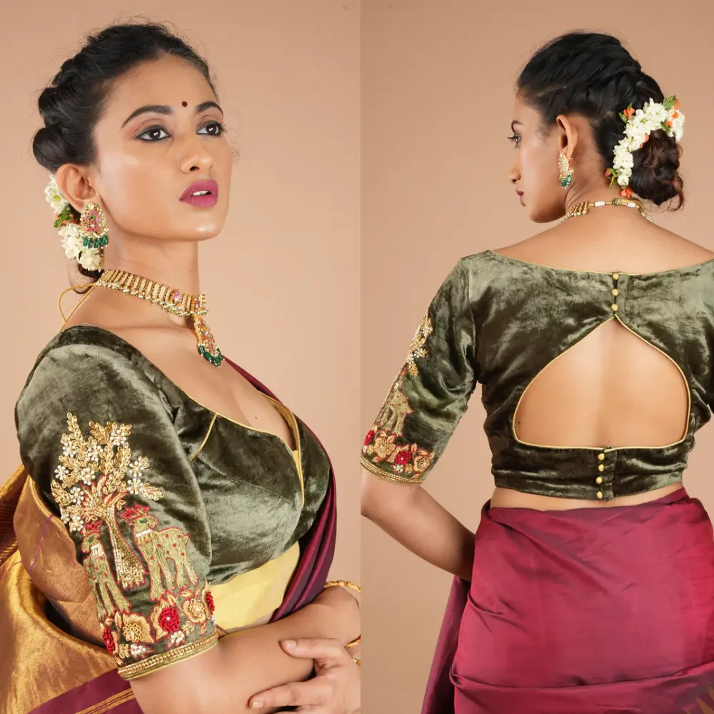 Designer Zardosi Meenakari Grey Velvet Blouse For Lehenga