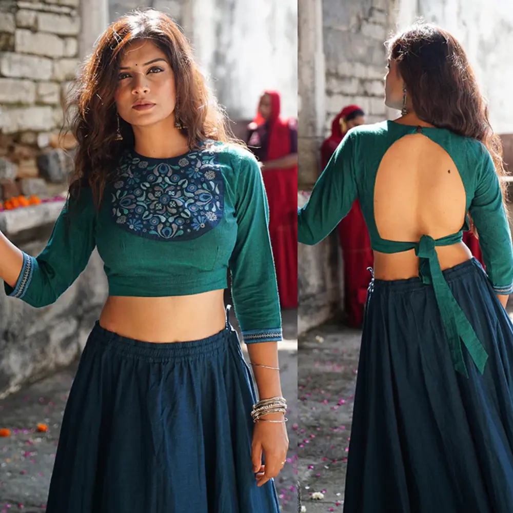 Hand-Embroidery and Mirrorwork Sea Green  Blouse