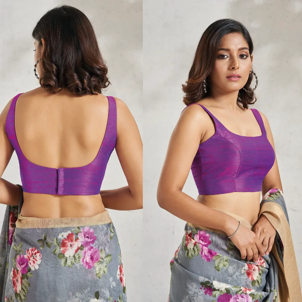 Designer Purple Silk Sleeveless Blouse For Lehenga