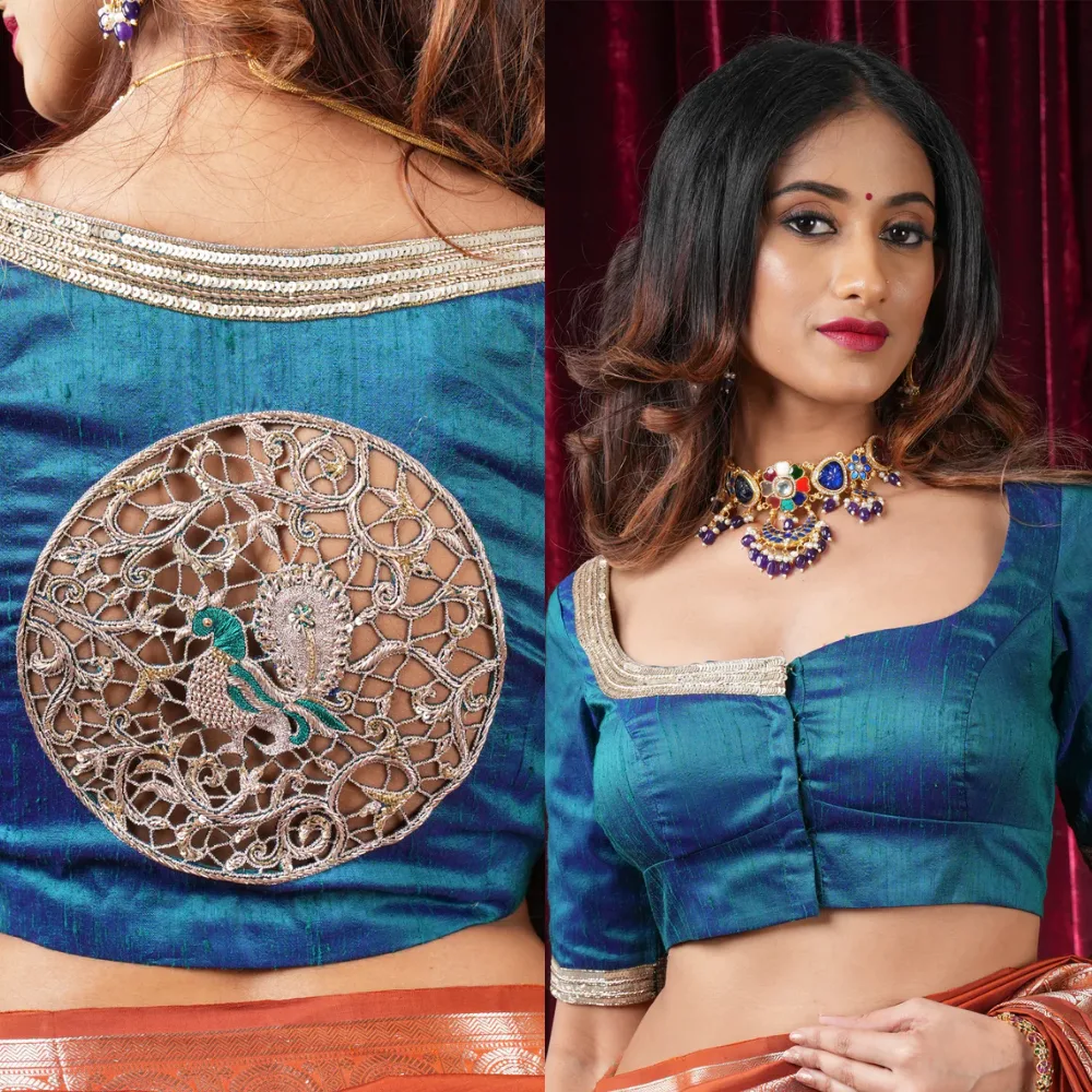 Peacock Blue Raw Silk Designer Aari Work