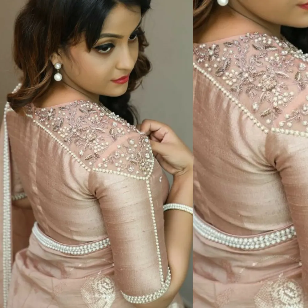 Gold Pearl Designer Wedding Blouse with Heavy Back Neck Aari Work