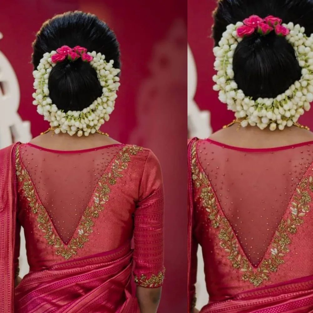 Deep Pink Silk Wedding Blouse with Net Back and Zardosi Border