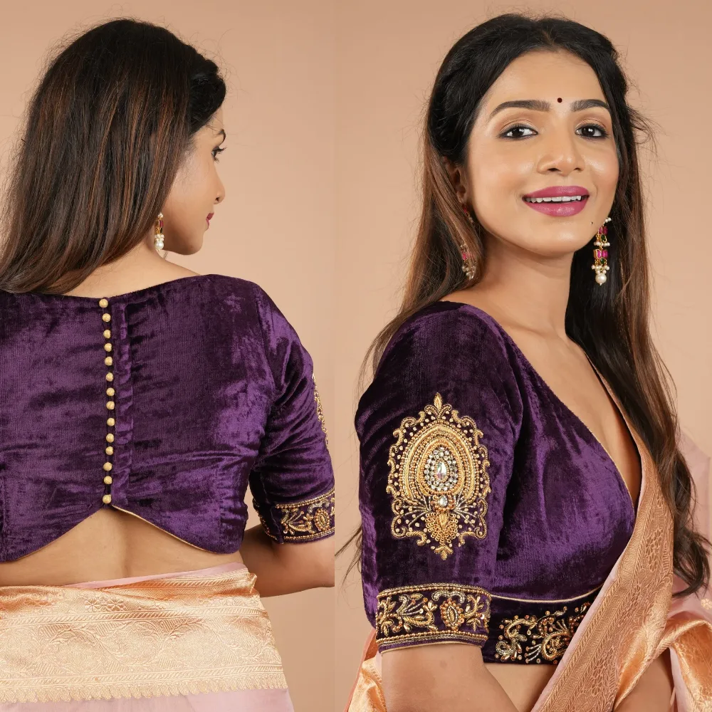 Wedding Purple Velvet Designer Blouse with Stone