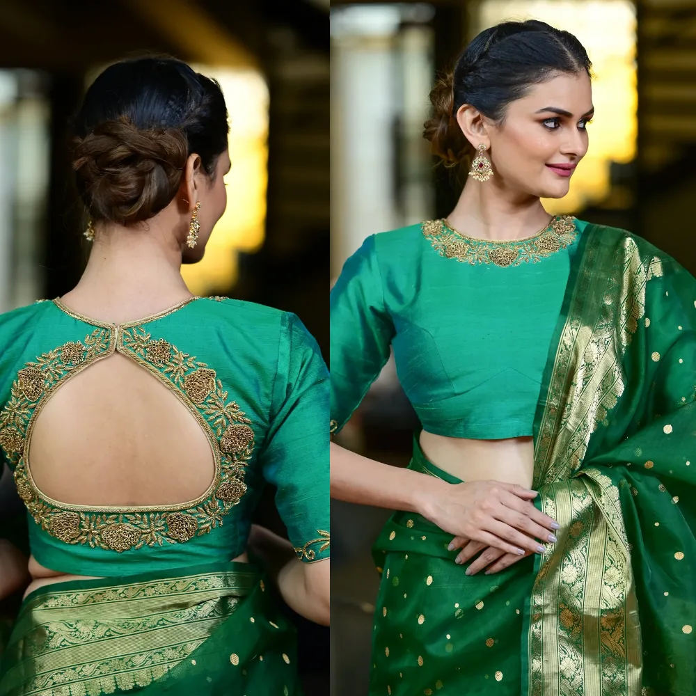 Designer Green Raw Silk Wedding Blouse with Antique Zardosi