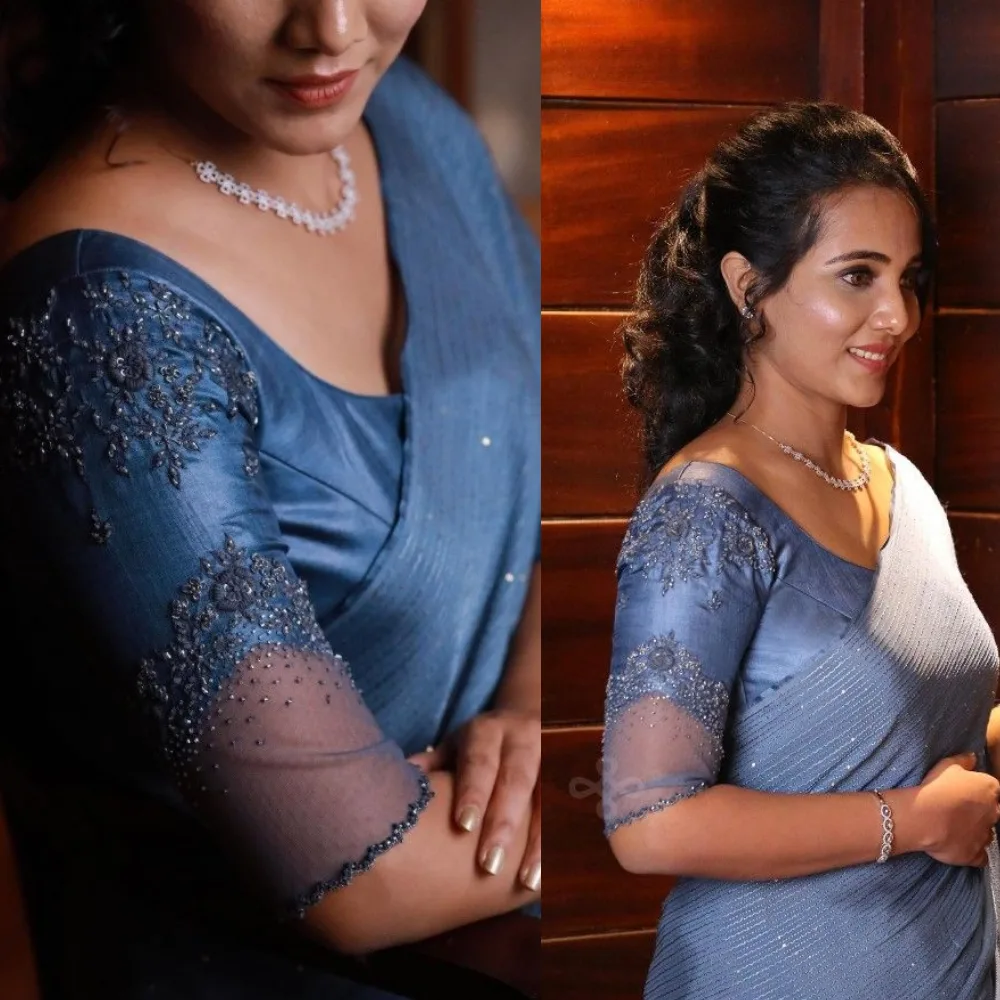 Blue Designer Net Blouse with Pearl Beaded Aari Work