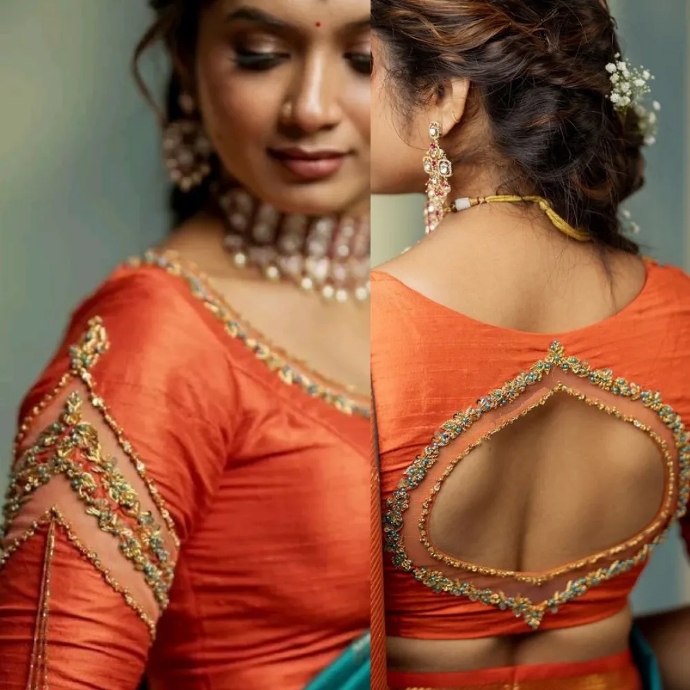 Designer Orange Raw Silk Bridal Blouse with Kundan Stone