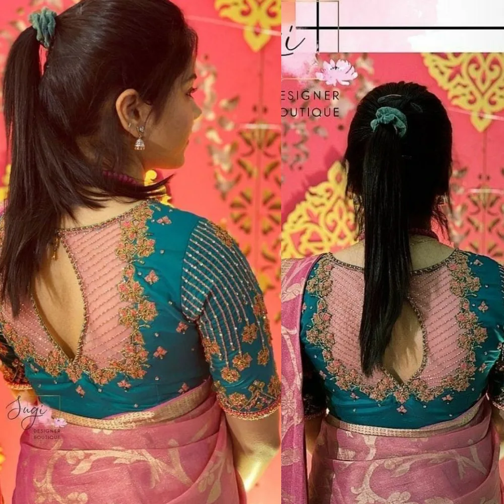 Teal and Pink Designer Wedding Blouse with Keyhole Back