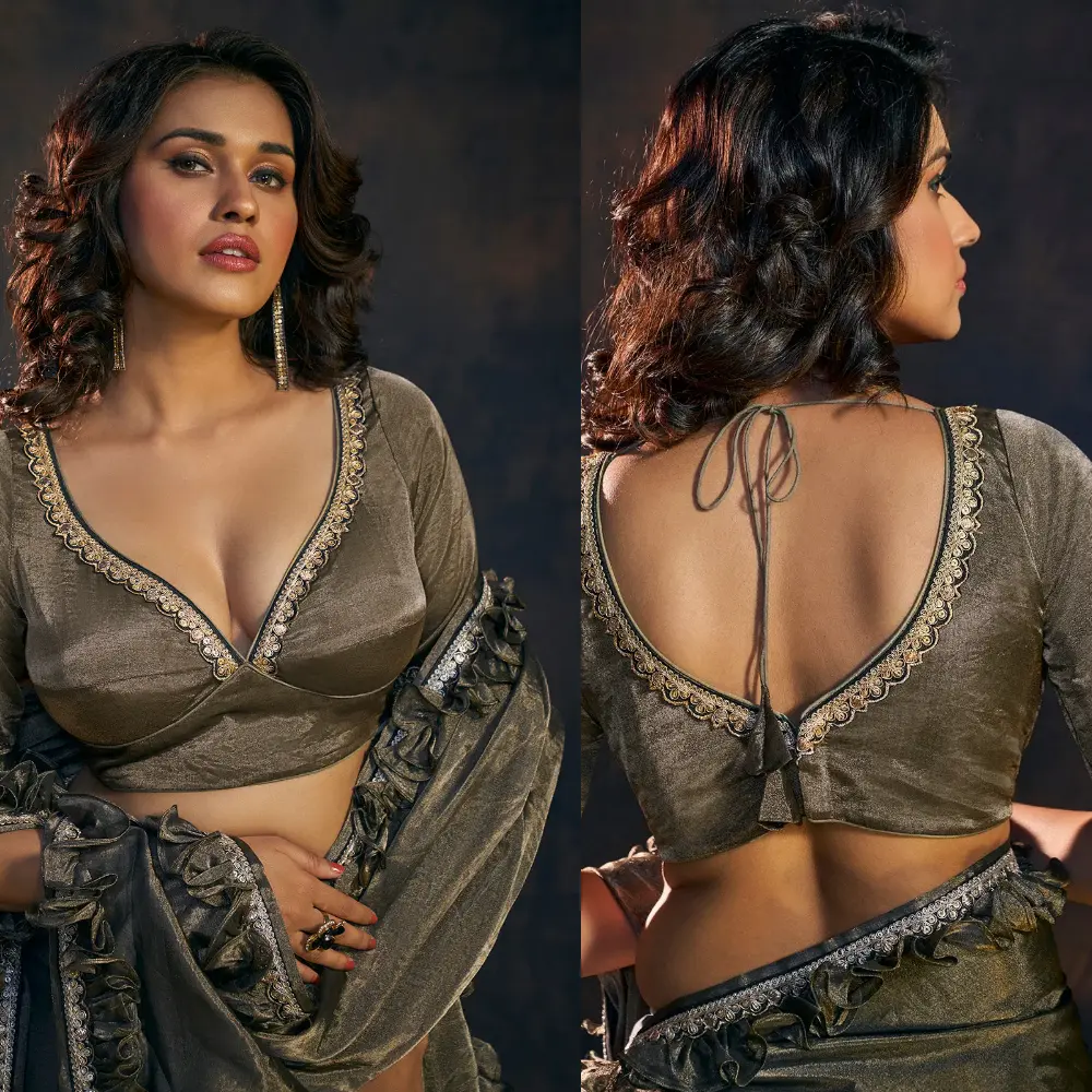 Designer Grey Tissue Wedding Blouse with Gold Aari Work