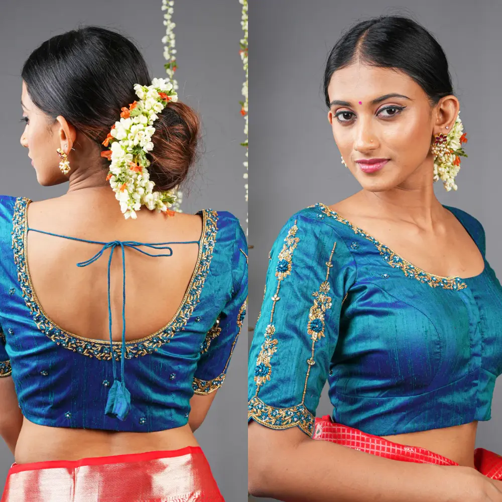 Designer Peacock Blue Raw Silk Blouse with Zardosi Work