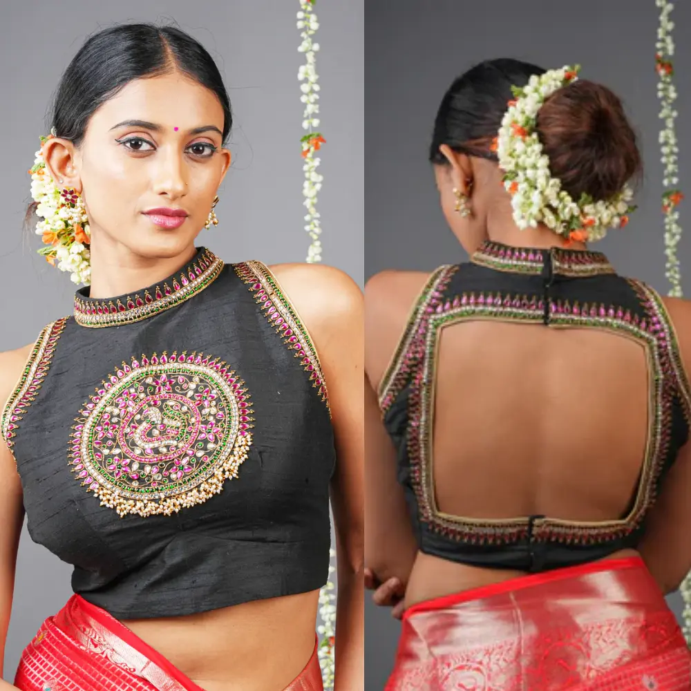 Designer Black Halter Neck Blouse with Temple Inspired