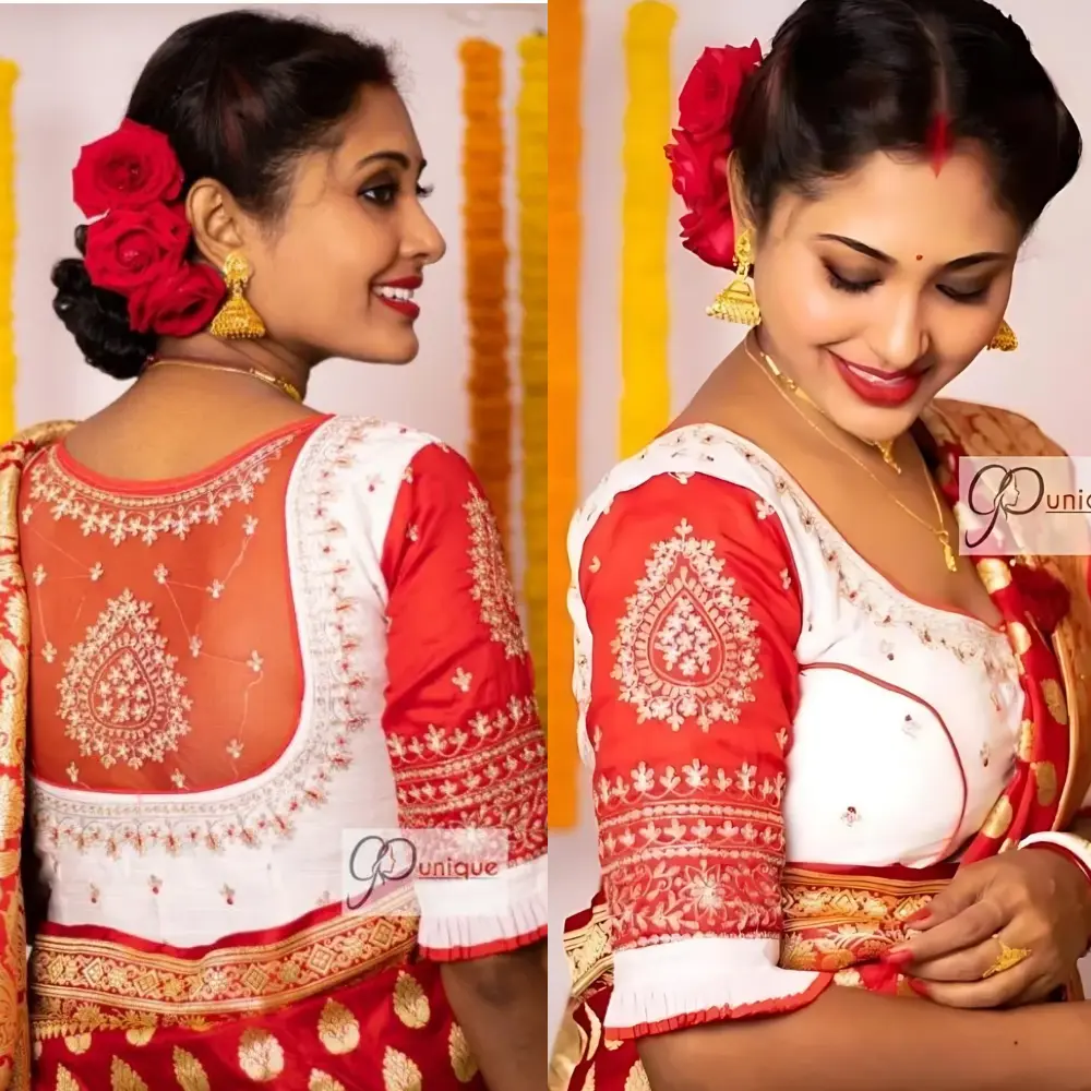 Designer Red and White Wedding Blouse with Golden Aari Work