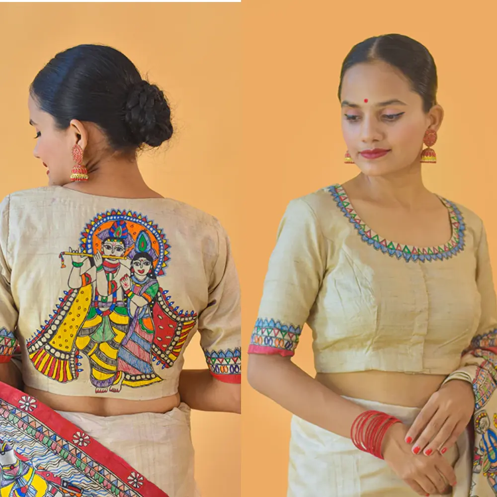 Traditional Radha Krishna Madhubani Hand Painted Silk Blouse