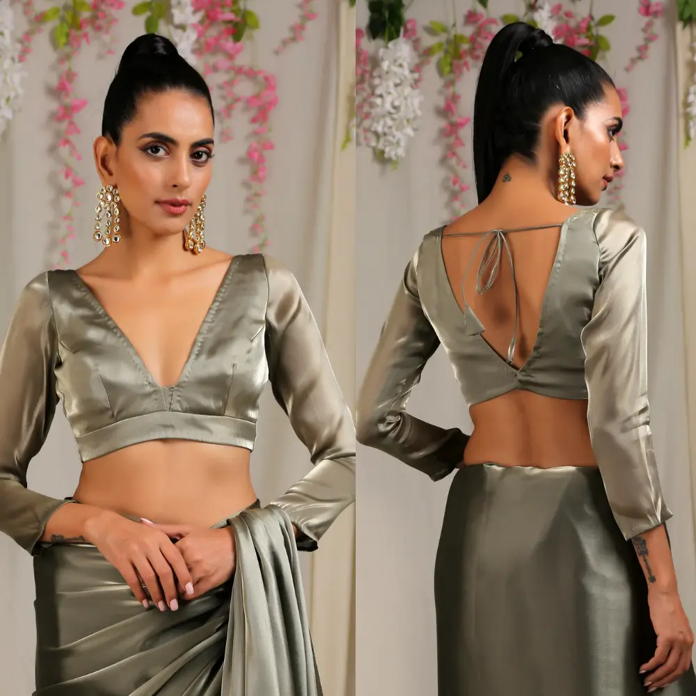 Elegant V Neck Gold Organza Blouse with Designer Back