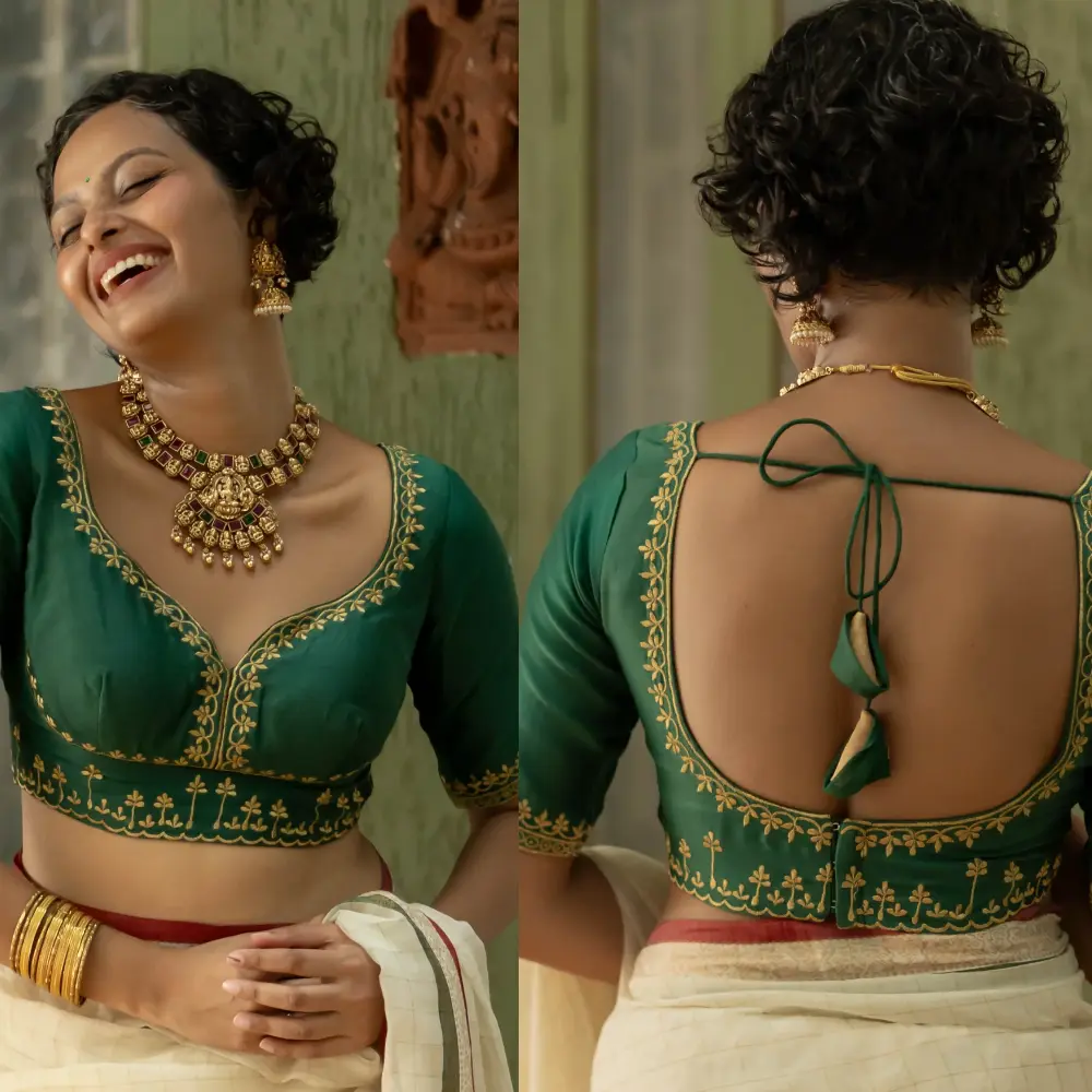 Designer Green Cotton Silk Blouse with Gold Embroidery