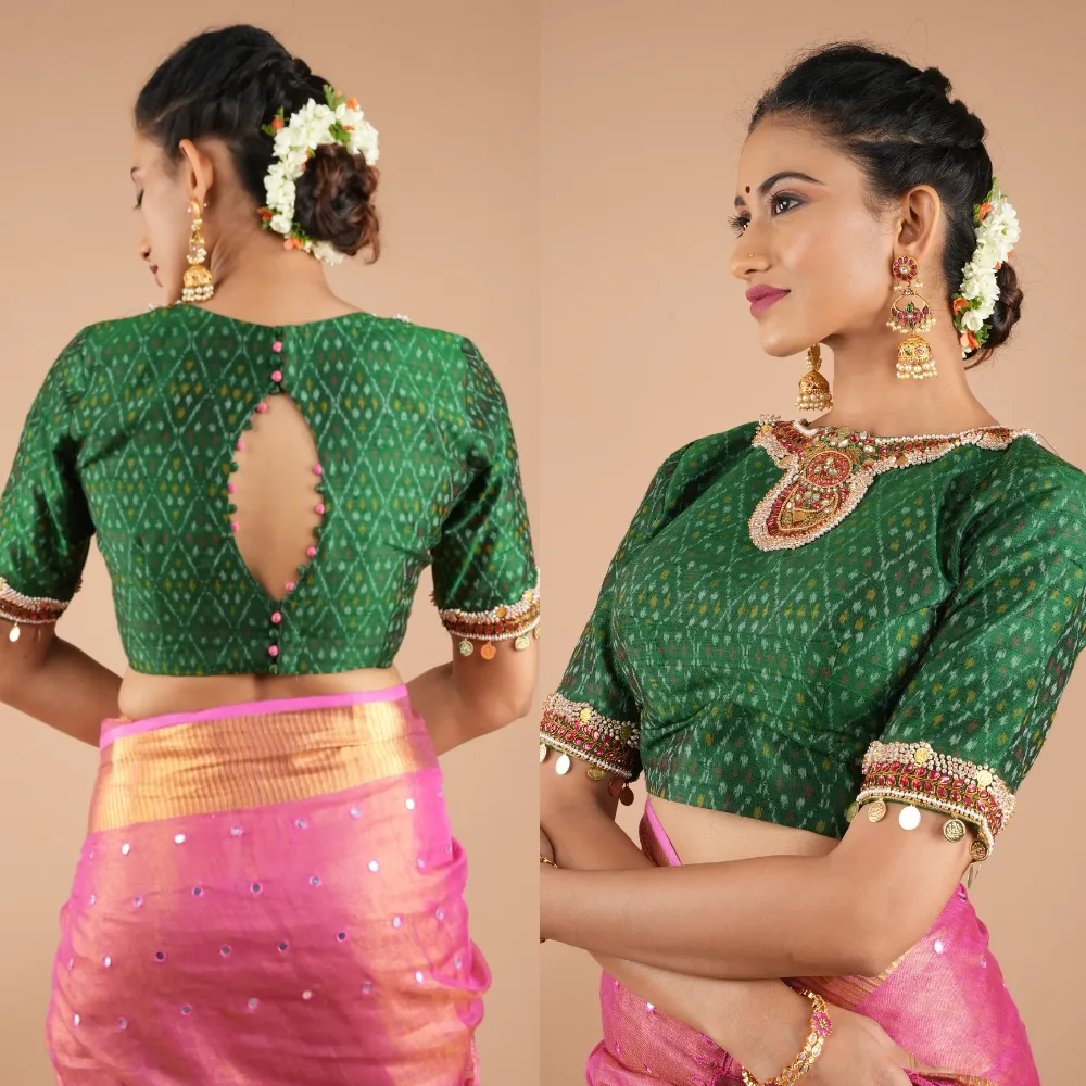 Designer Green Ikkat Raw Silk Temple Modern Back Blouse