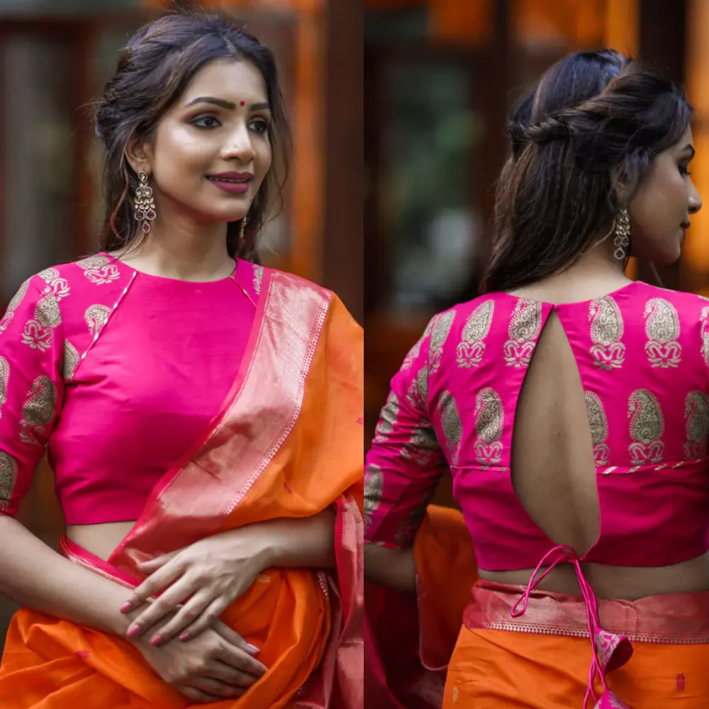 Deep Pink Cotton Silk Close Neck Blouse with Gold Block Print