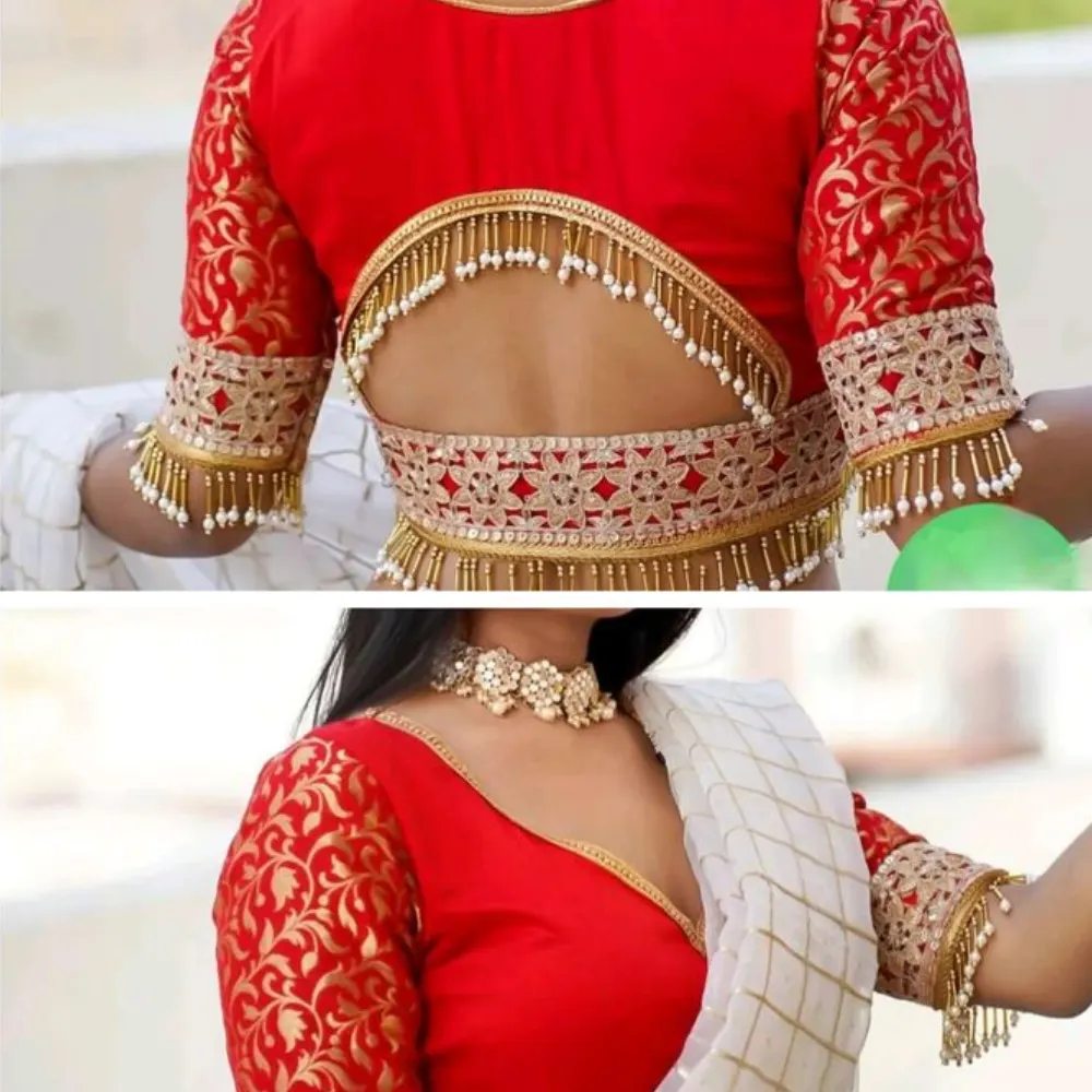 Royal Red Brocade Blouse with Pearl Tassel Border