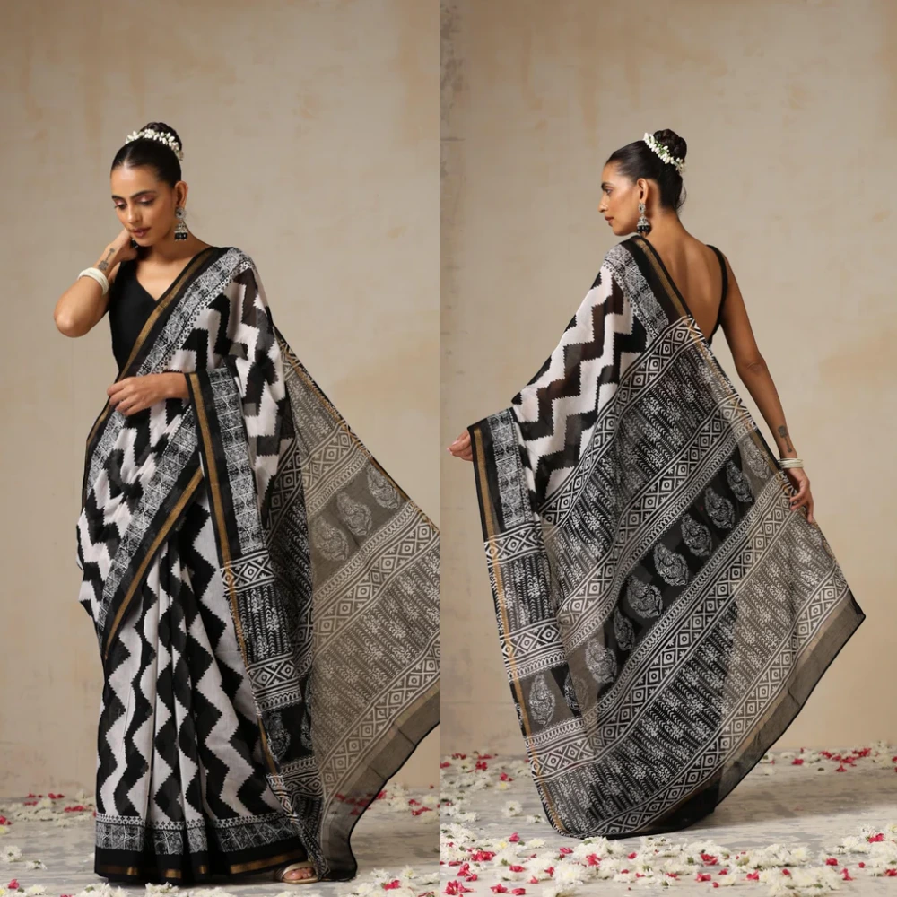 Black Temple Hand-Printed Chanderi Silk Cotton Saree