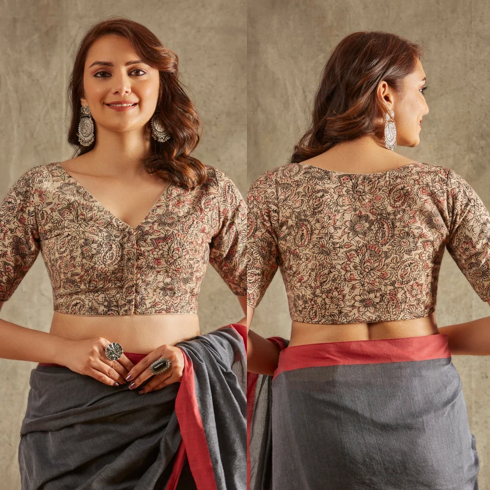 Beige Cotton V-Neck Kalamkari Blouse with Padding