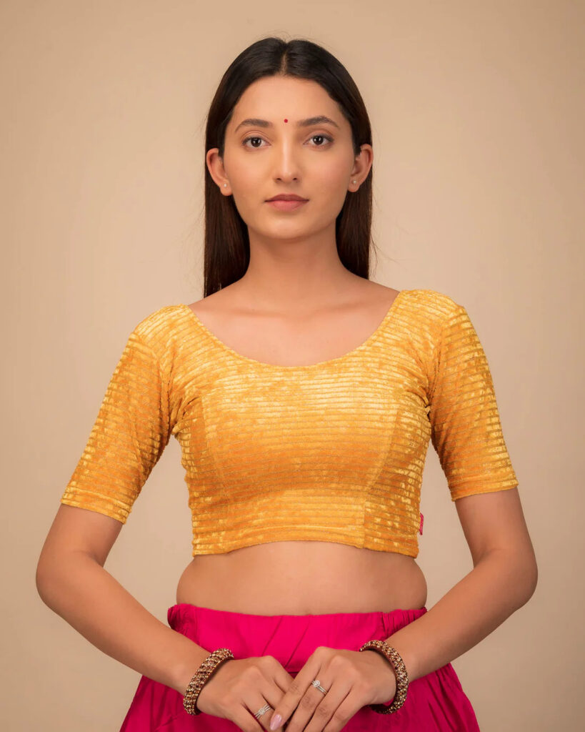 Gold Foil Velvet V-Back Round Neck Stretchable Designer Blouse