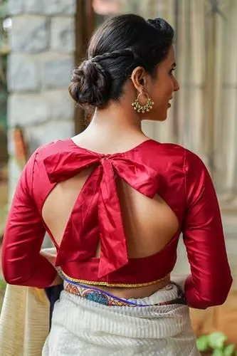 Red Silk Cut-Out Back Bow Blouse Design