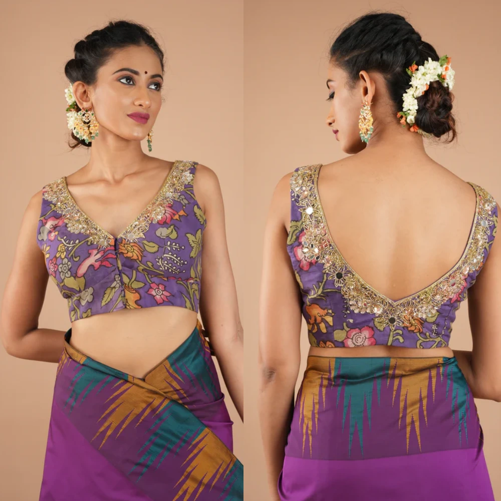 Purple Pen Kalamkari Sleeveless Blouse with Mirror Work
