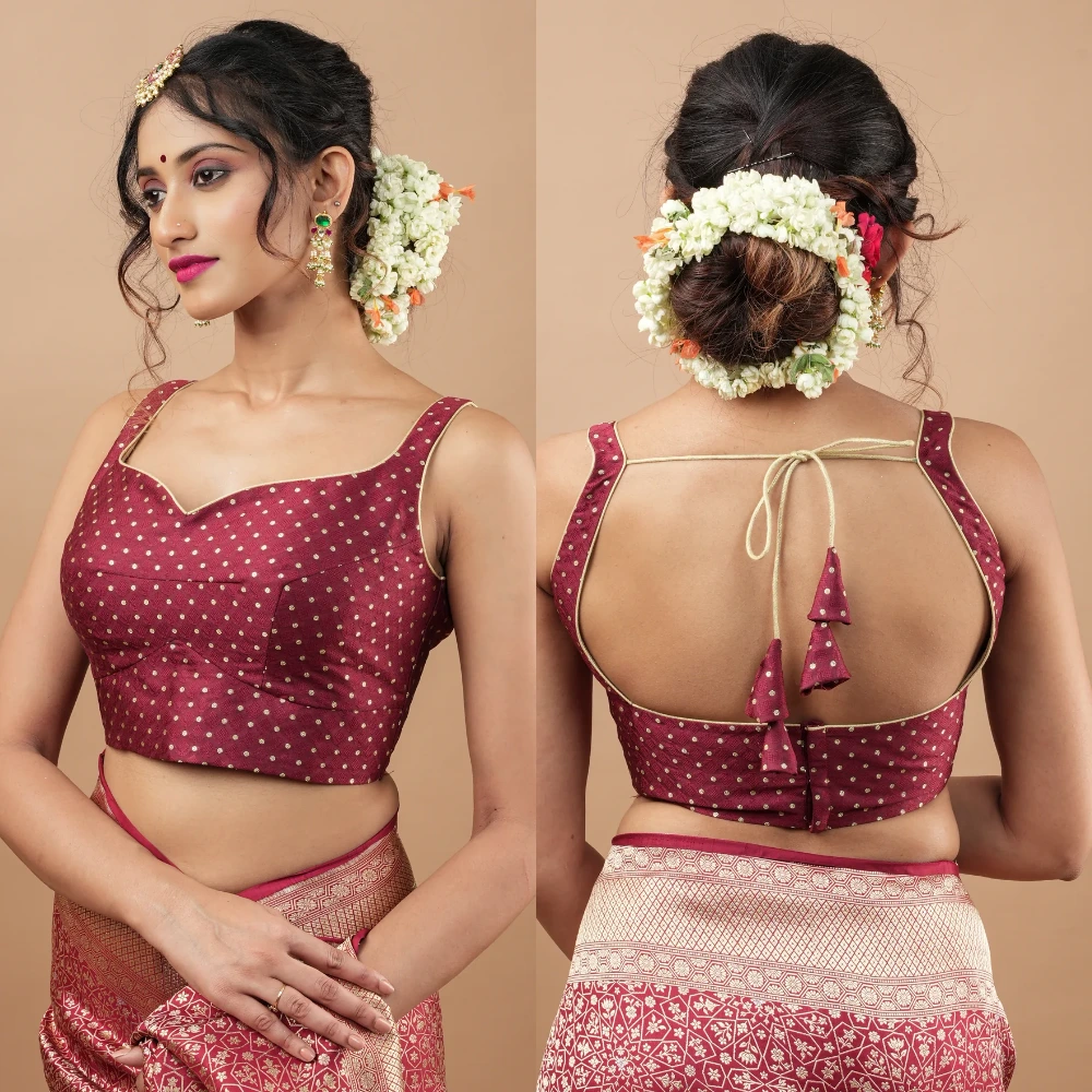 Maroon Buti Leaf Neck Sleeveless Blouse with Square Back
