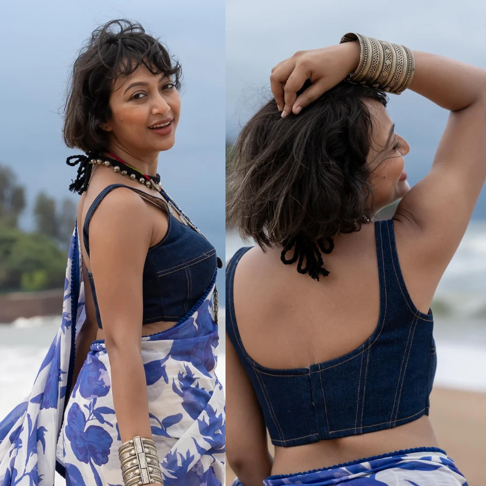 Navy Blue Denim Sleeveless Blouse with U Neckline