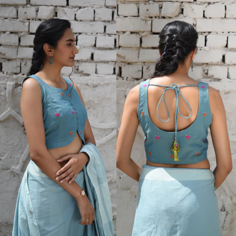 Rangsutra Cheenth Sleeveless Blue Blouse with Pucca Embroidery
