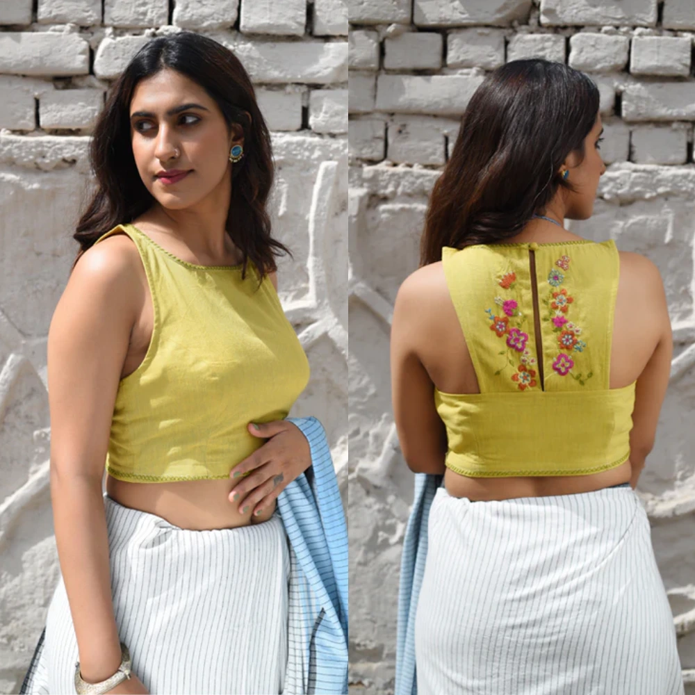 Rangsutra Cheenth Sleeveless Yellow Blouse with Embroidered Back
