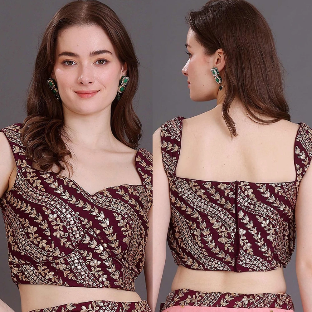 Wine Embroidered Sleeveless Blouse with Sweetheart Neck
