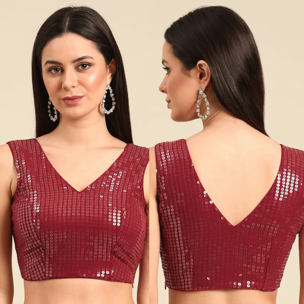 Maroon Sequins Embroidered Sleeveless Blouse with V-Neck