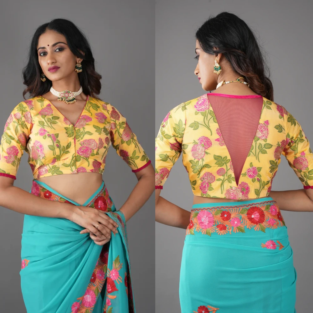 Light Yellow Banarasi Meenakari Blouse with V-Neck and Floral Details