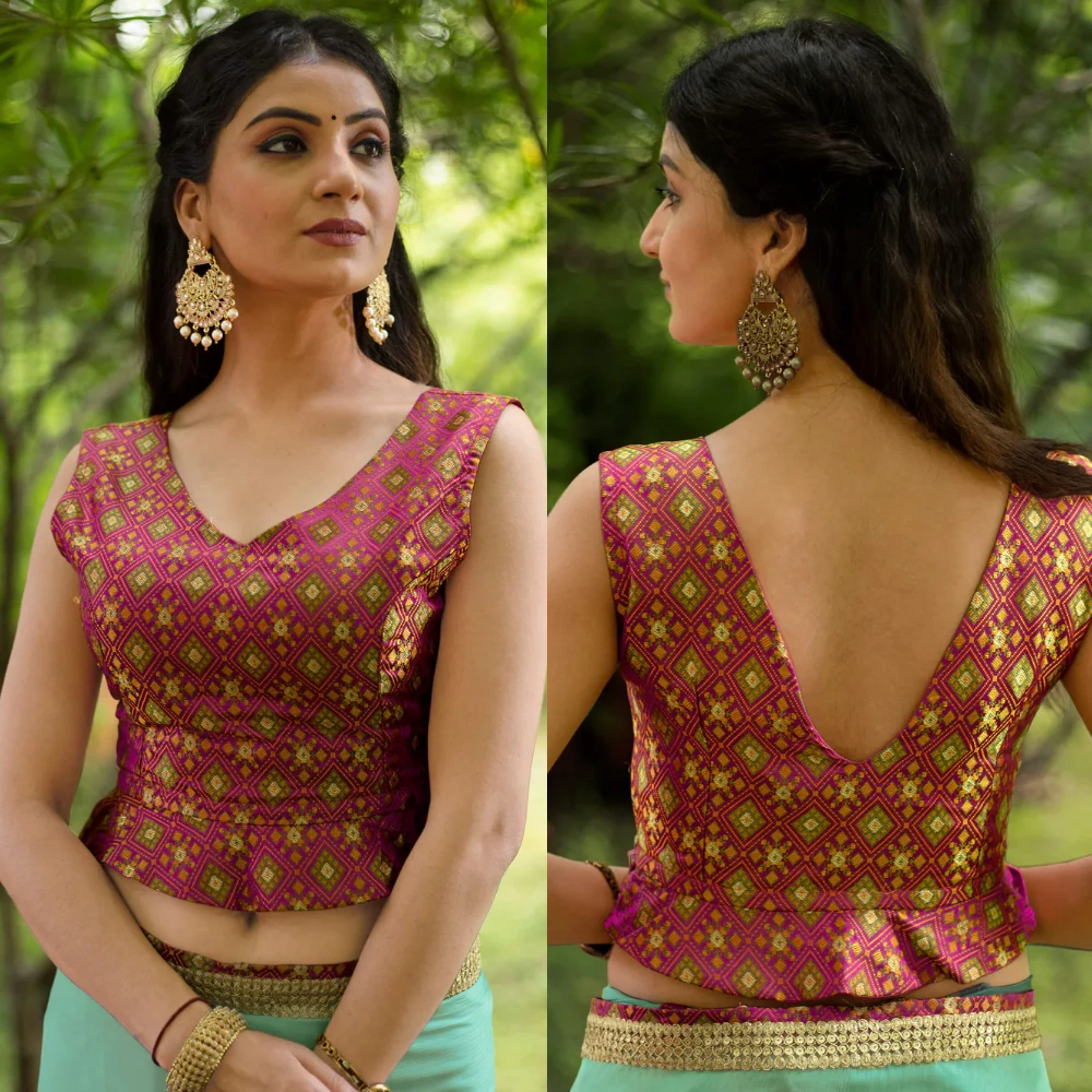 Pink Patola Printed V-Neck Sleeveless Blouse