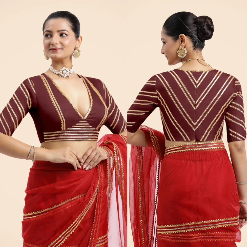 Navya x Tyohaar Burgundy Saree Blouse with Plunging V-Neck
