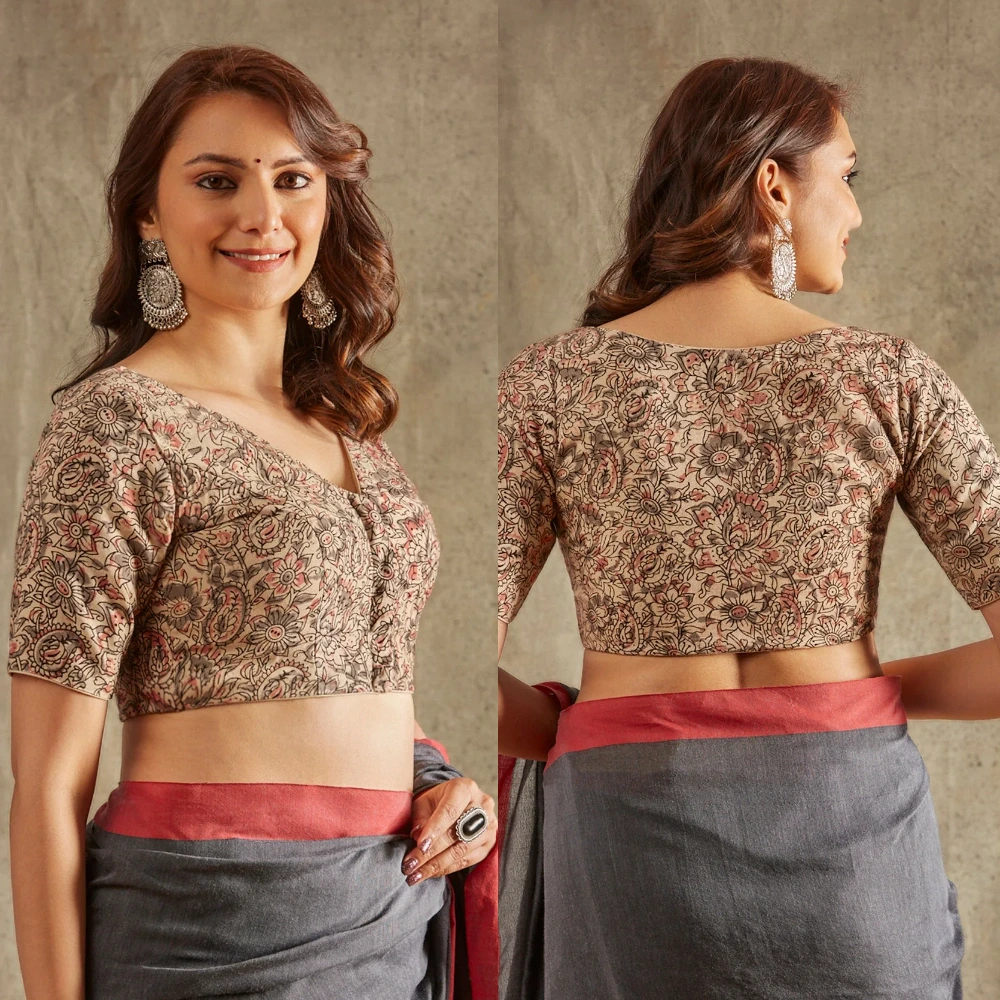 Beige Cotton V-Neck Padded Kalamkari Blouse
