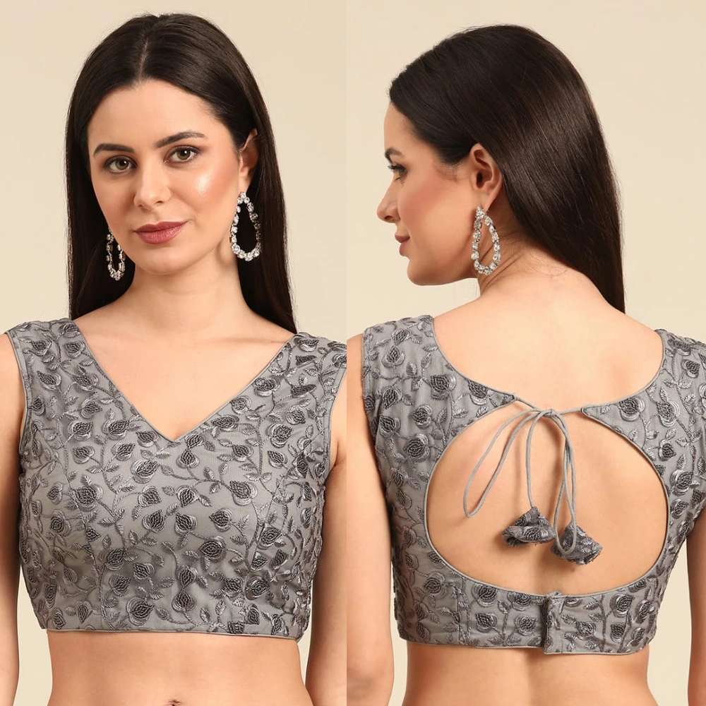 Grey Embroidered Net V-Neck Sleeveless Blouse for Wedding Wear