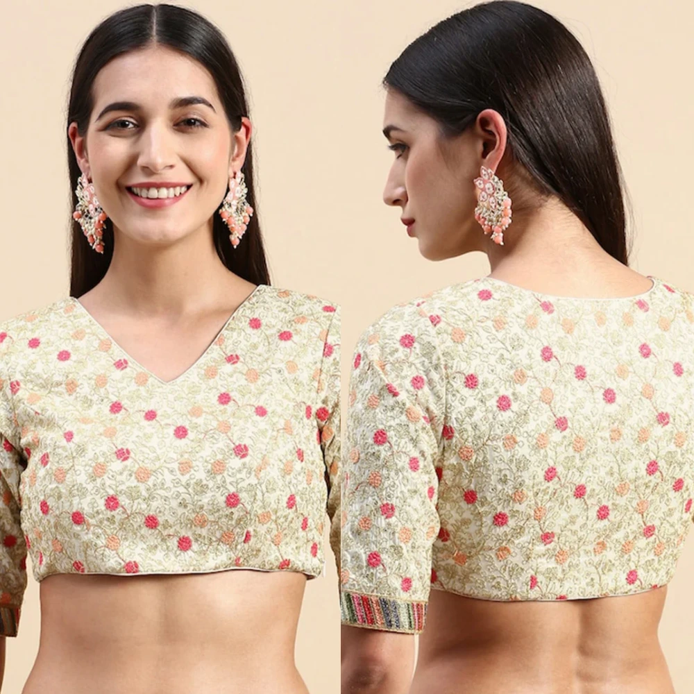 White Embroidered Art Silk V-Neck Blouse for Festive Wear