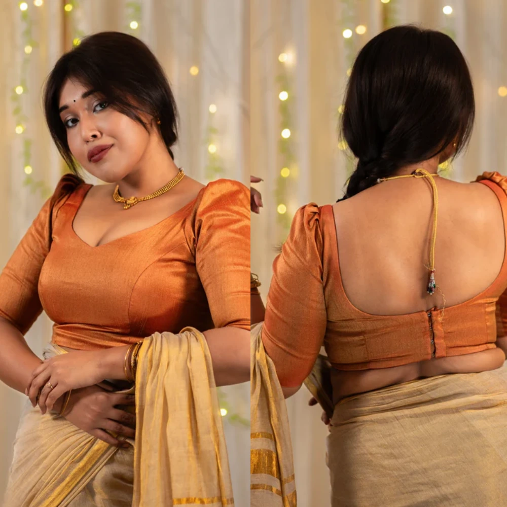 Agrahayana Mud Brown V-Neck Puff Sleeve Blouse